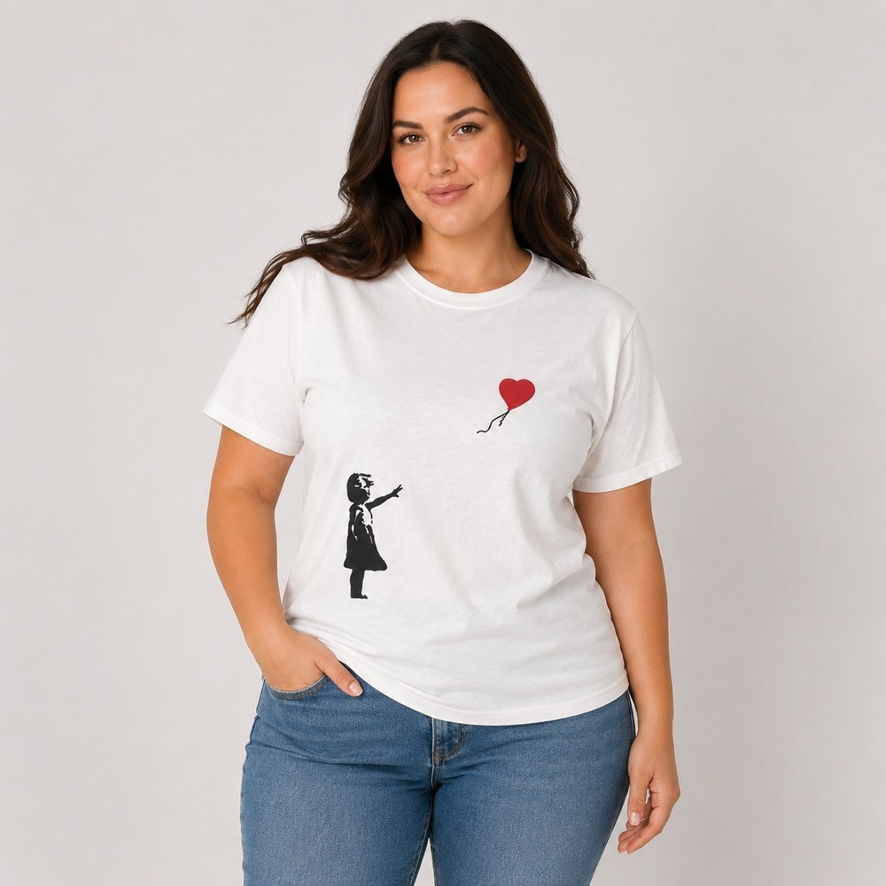 Banksy Girl with Balloon T-Shirt Men's L White Red Heart Graphic Tee Street Art